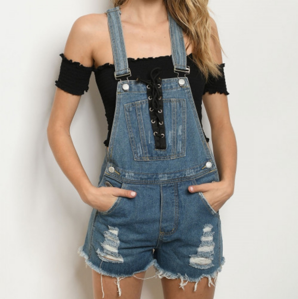 New Junior's Boutique Denim/black lace overalls